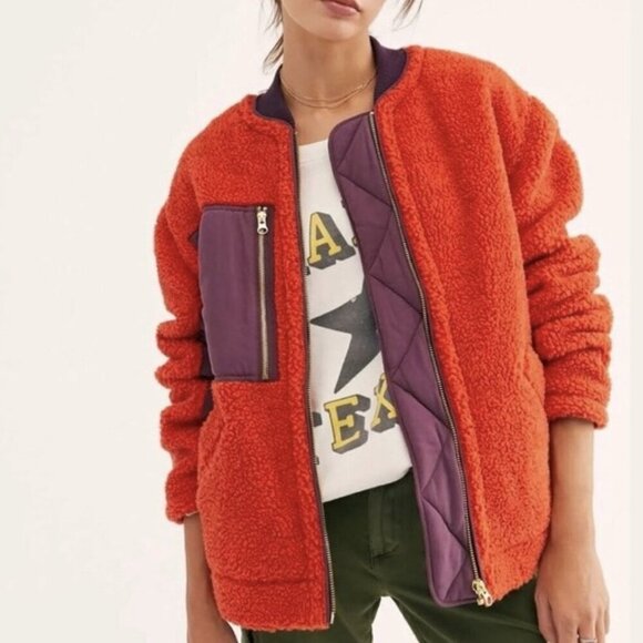 We The Free People Rivington Sherpa Fleece Zip Jacket Orange Purple Size Medium - Picture 1 of 10